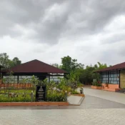 Statue of Unity Tent City entry gate during monsoon season