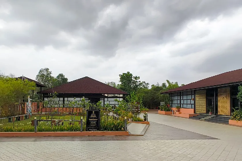 Statue of Unity Tent City entry gate during monsoon season